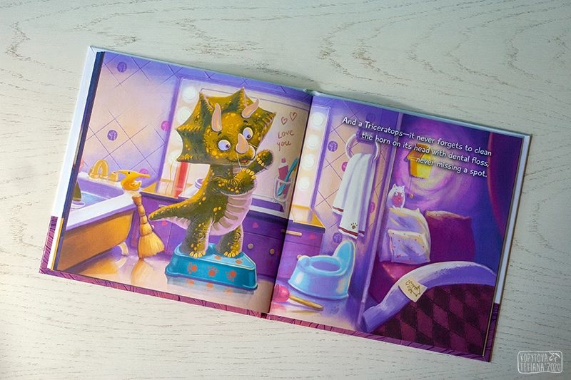Open spread showing a Triceratops brushing its teeth in a bathroom