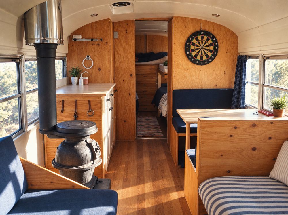 The finished bus interior with a wood-burning stove, kitchen counter, dartboard, and bench seating