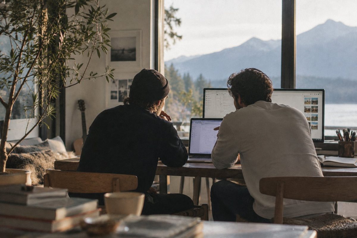 Two people working side by side at laptops in a bright studio overlooking mountains and water